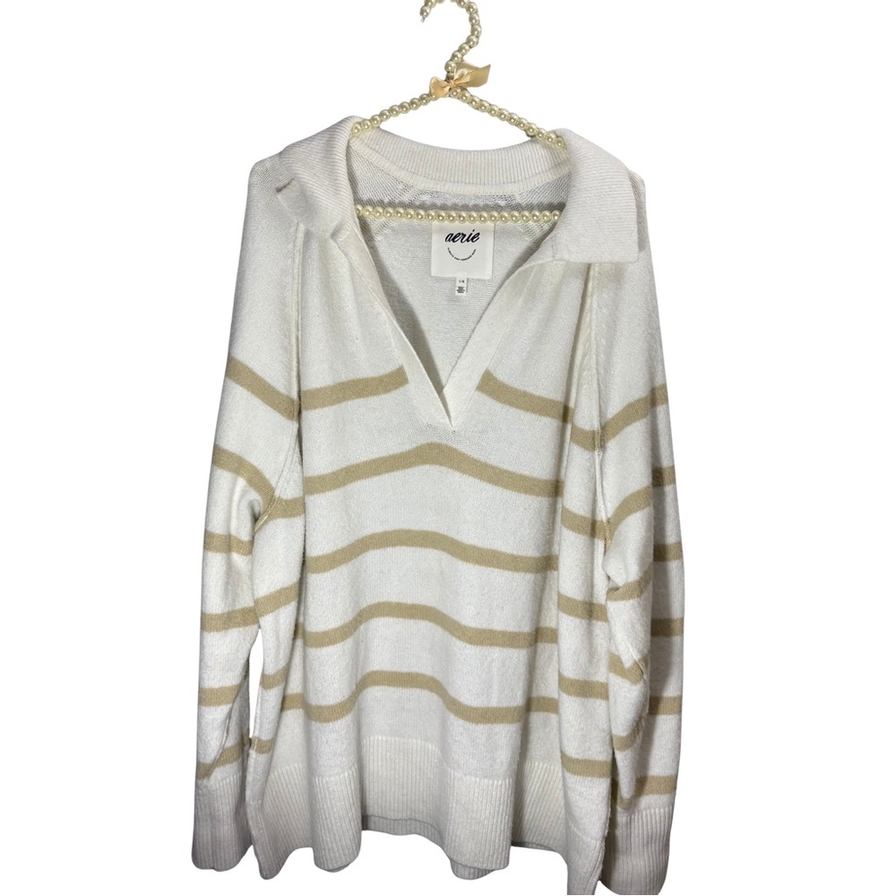 Aerie V-Neck Sweater in Cream and Tan Stripes - Size L - DISCOUNTED SHIPPING 💅🏽 - Picture 2 of 3